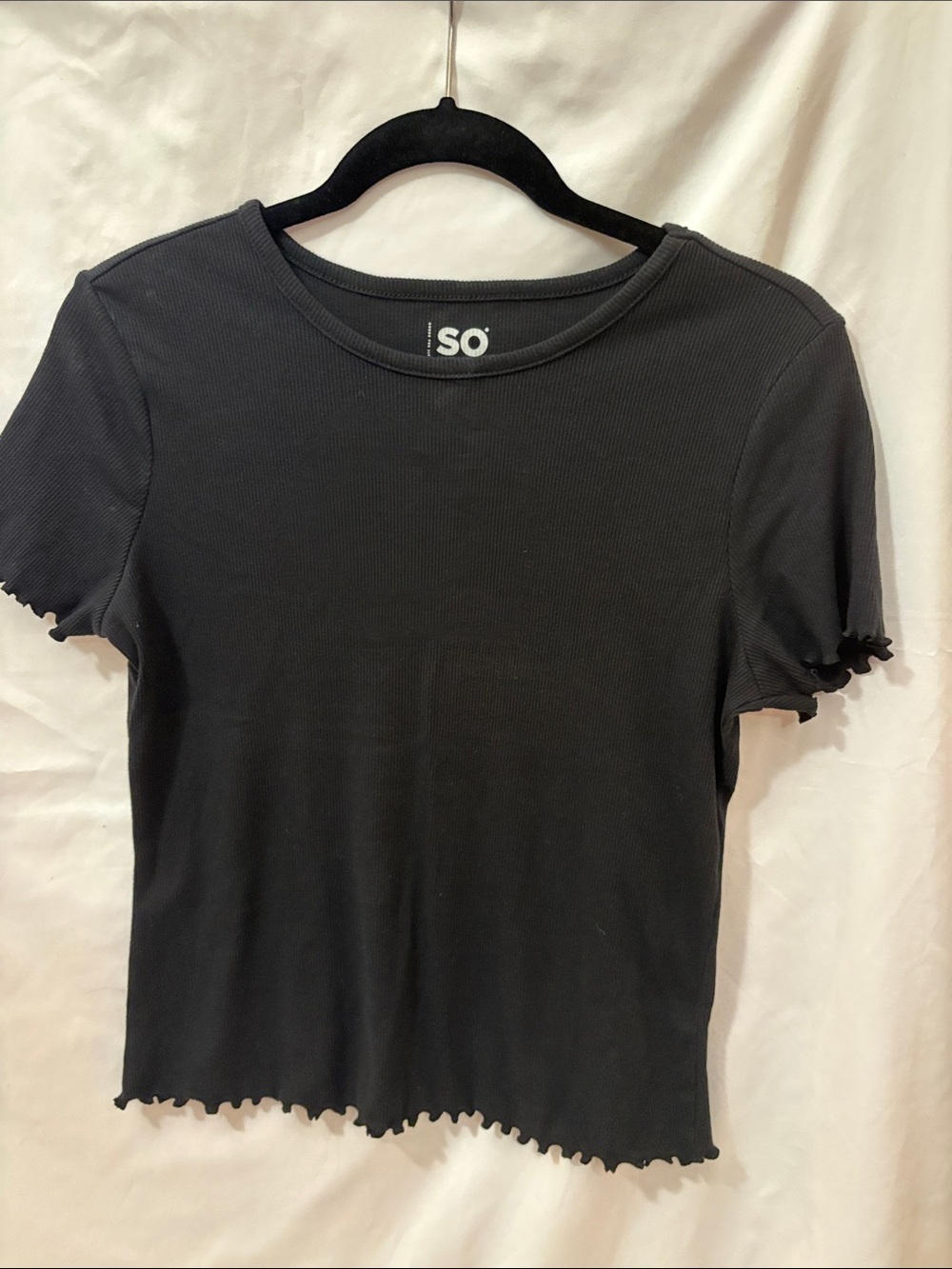 SO Black Ribbed Lettuce-Edge Short Sleeve Tee
